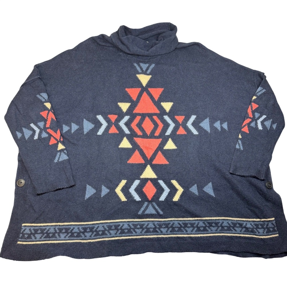 J Jill Navy Blue Aztec Sweater‎ Womens Medium Southwestern Boho Oversized Boxy